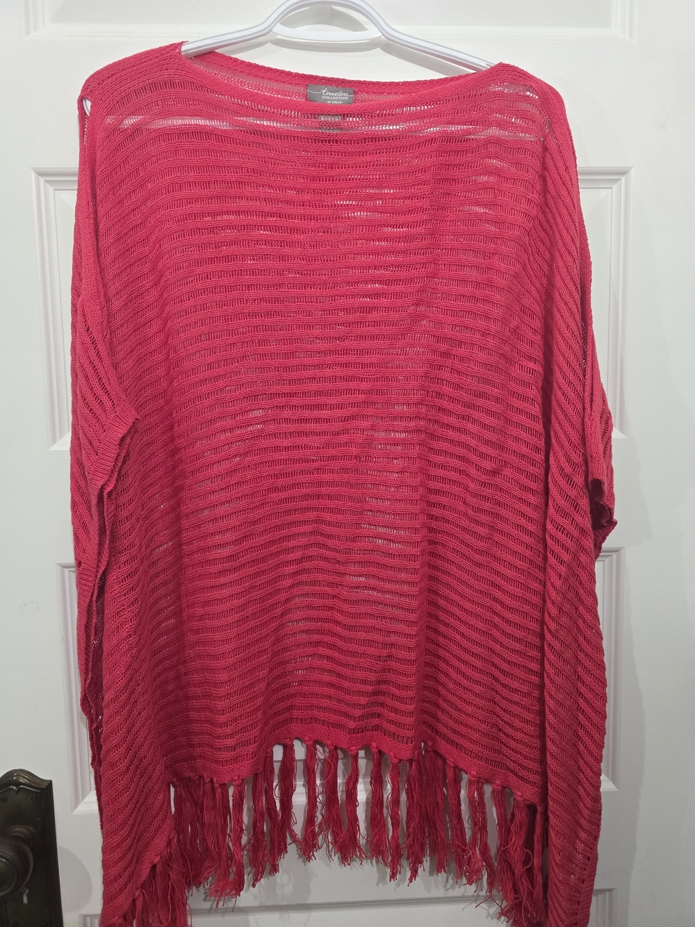 Chicos Open-Knit Fringe Poncho Sweater in Hot Pink L/XL